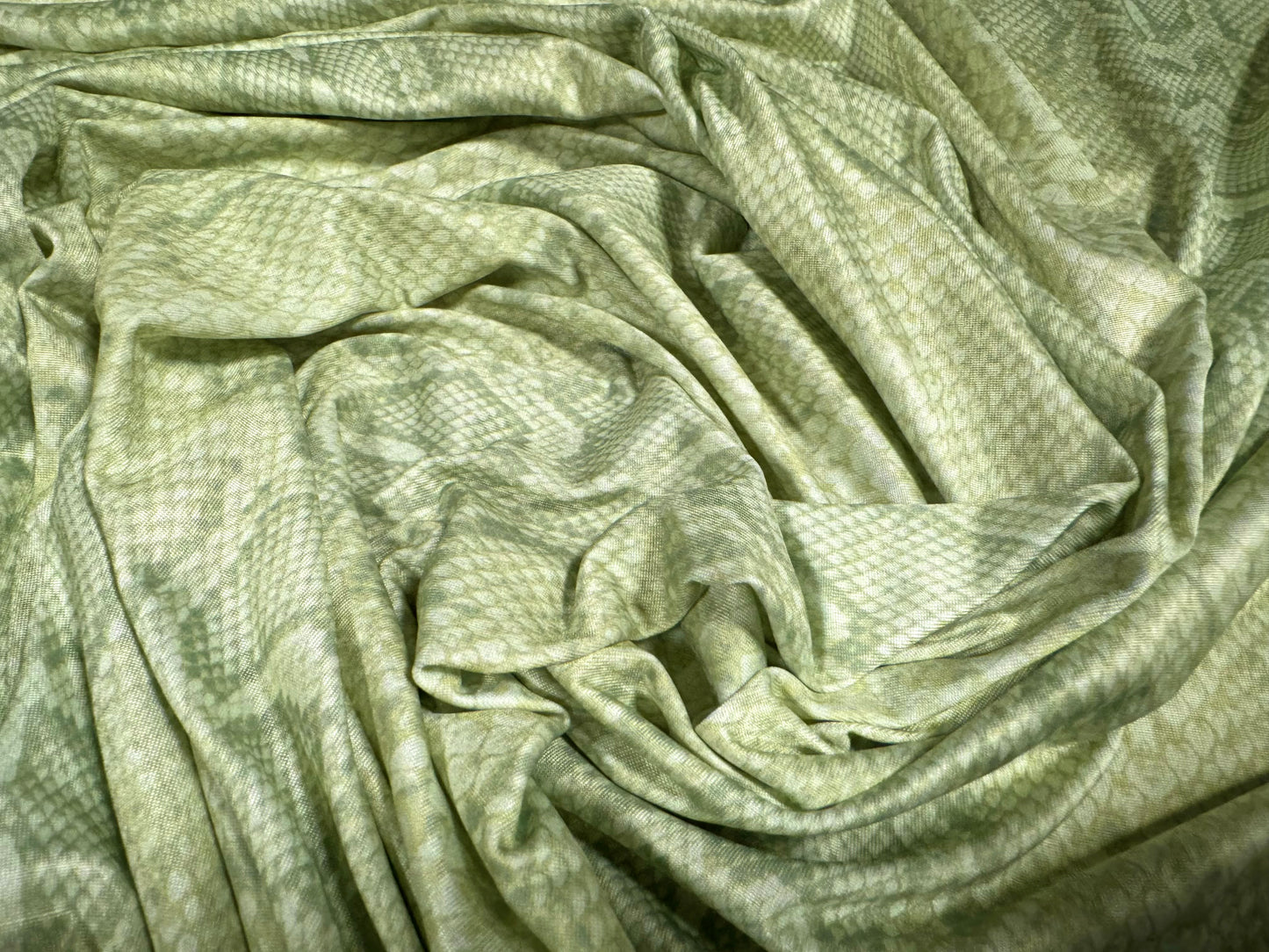 Soft touch stretch spandex jersey fabric, per metre - snakeskin print - pale green|