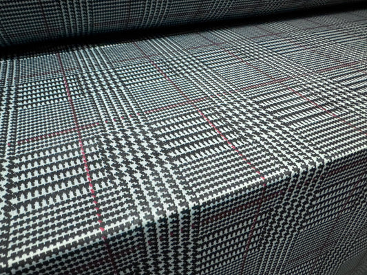 Stretch spandex single jersey fabric, per metre - dogtooth check print - sky blue & black