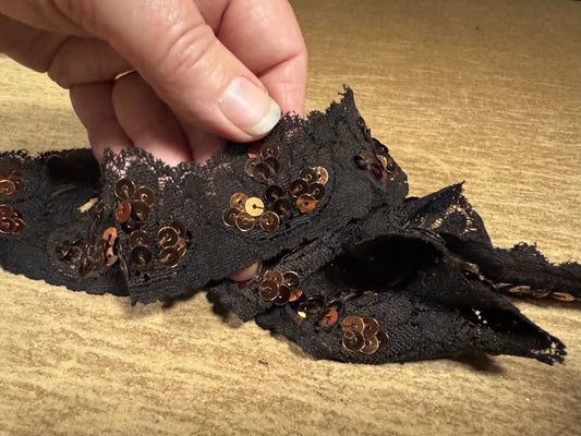 Scalloped lace edging trim fabric with sequins - stretch - dark brown & copper