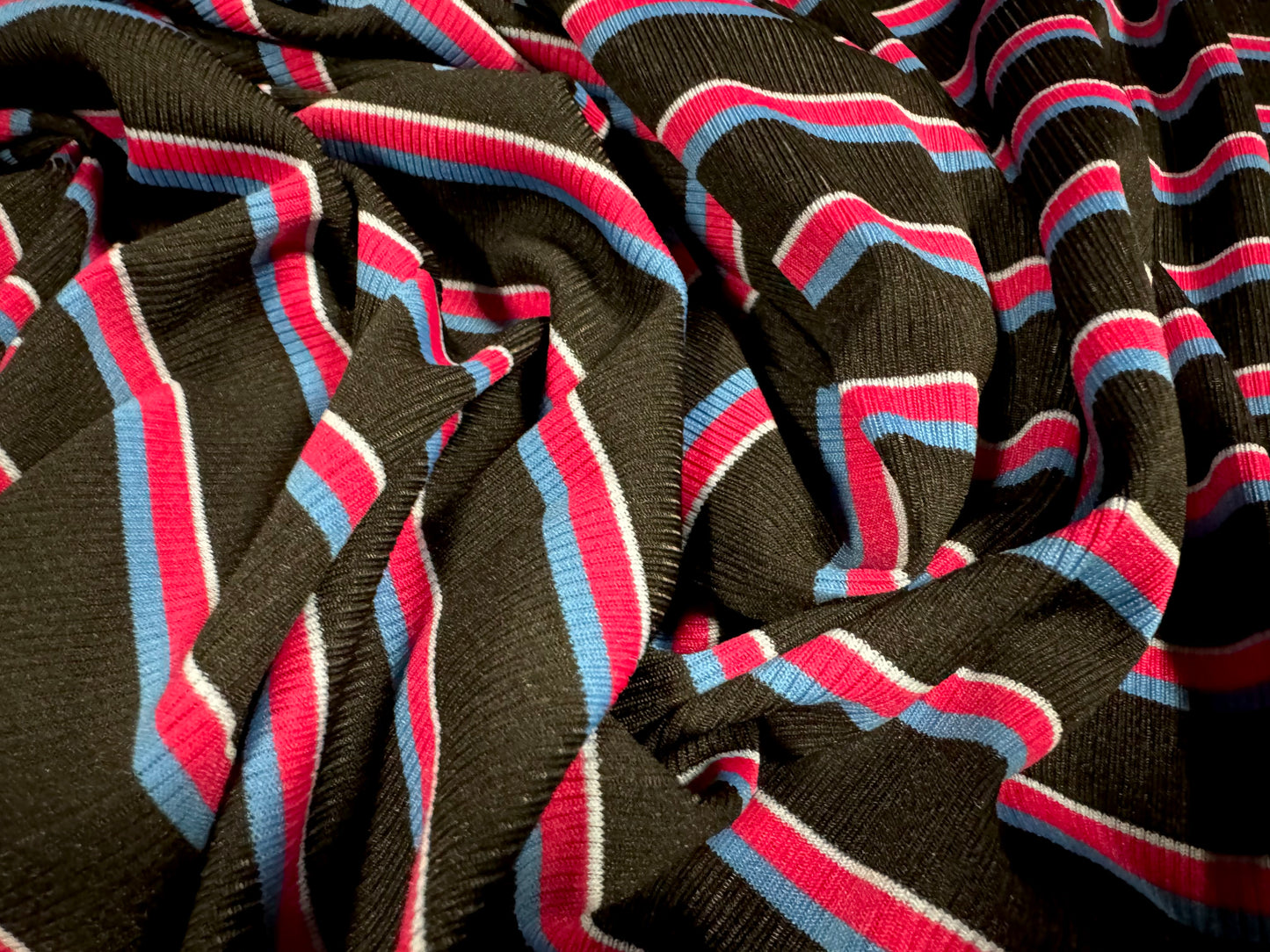 Stretch Spandex rib jersey fabric, per metre - stripe - black cerise & blue