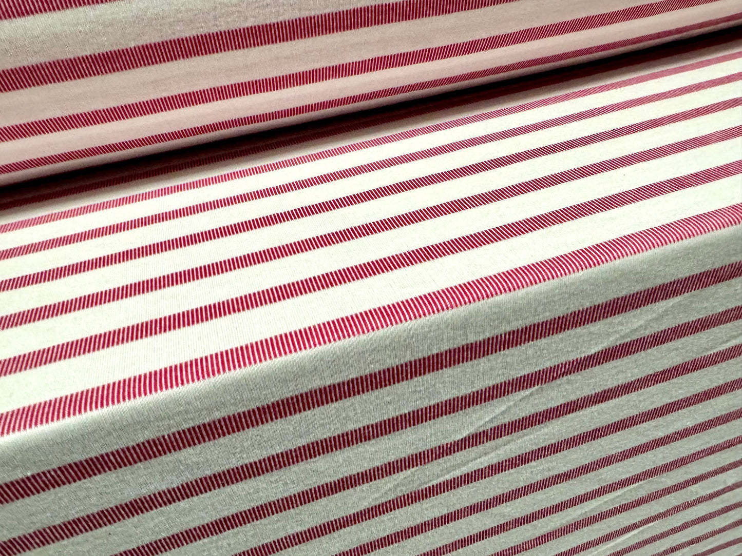 Soft interlock jersey fabric, per metre - stripe - raspberry & white