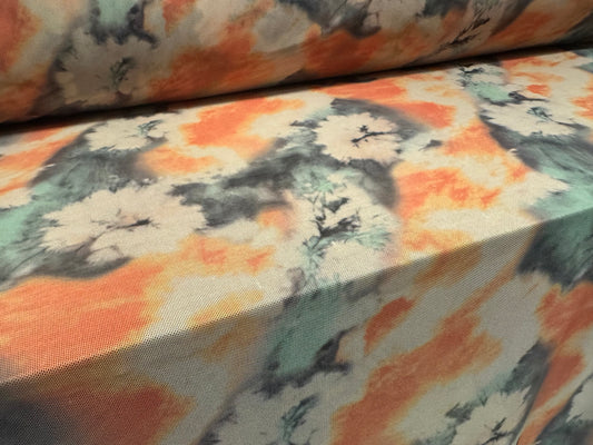 Power mesh net stretch spandex fabric, per metre - smudge floral print - peach & teal