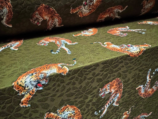 Stretch spandex jersey jacquard fabric, per metre - Bengal Tiger print - khaki