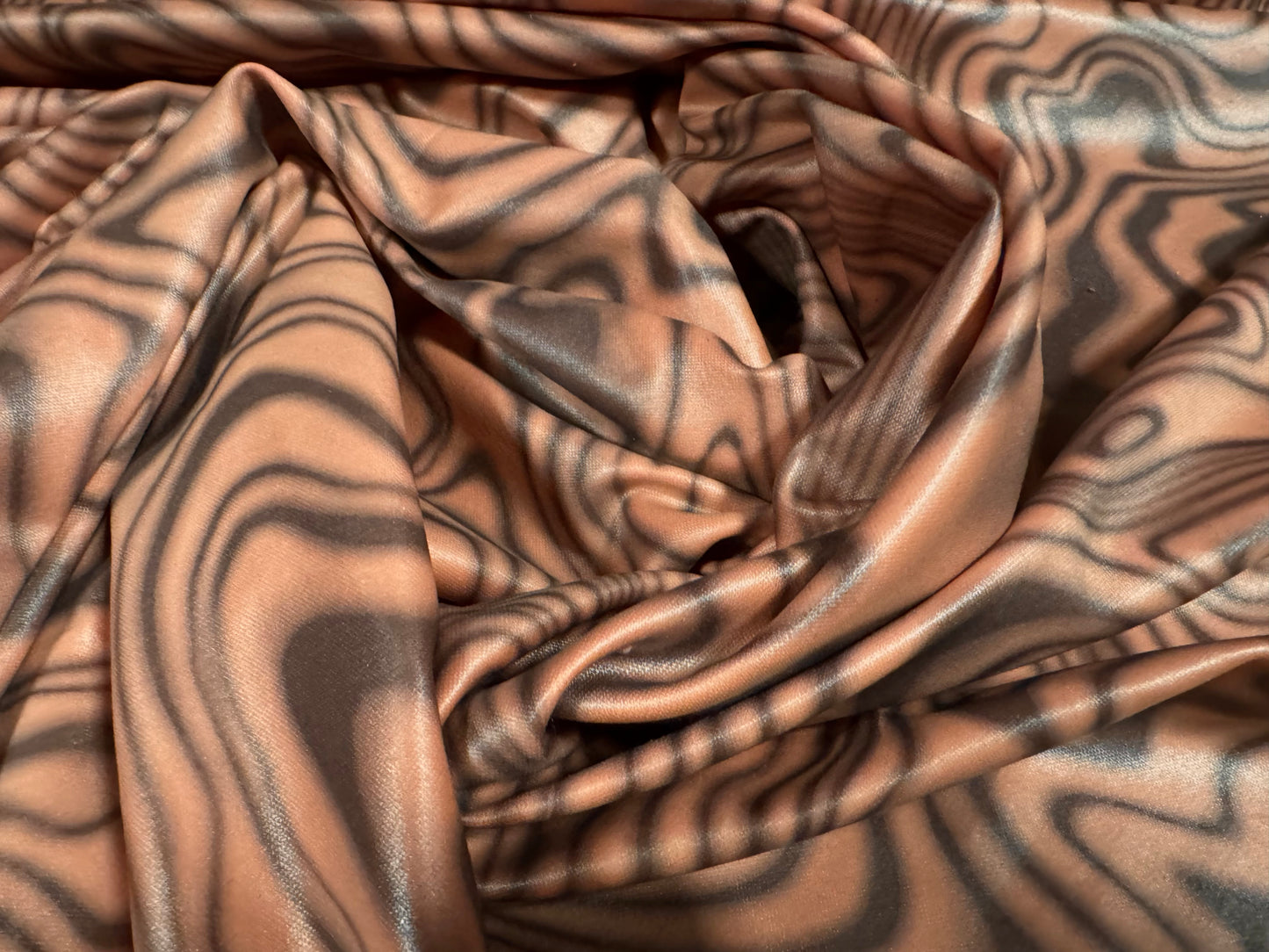 Coated Double jersey stretch spandex fabric, per metre - swirl print - pink & grey