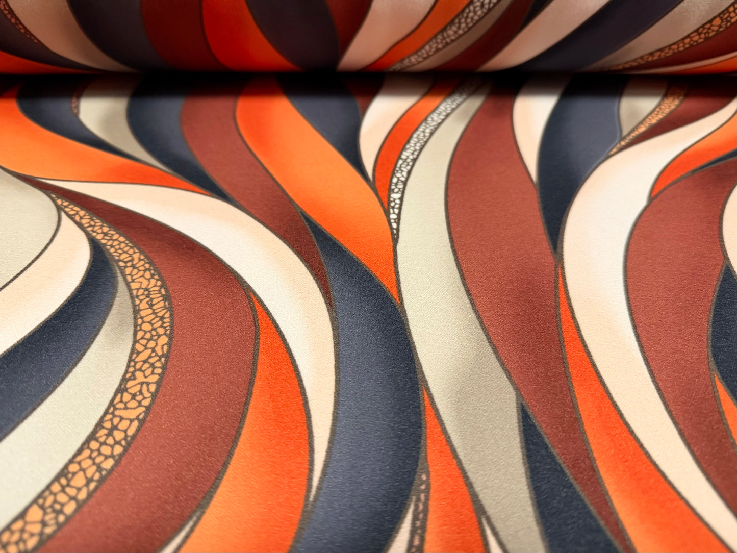 Scuba stretch spandex double jersey dress fabric, per metre - wavy swirl print - cream orange & rust