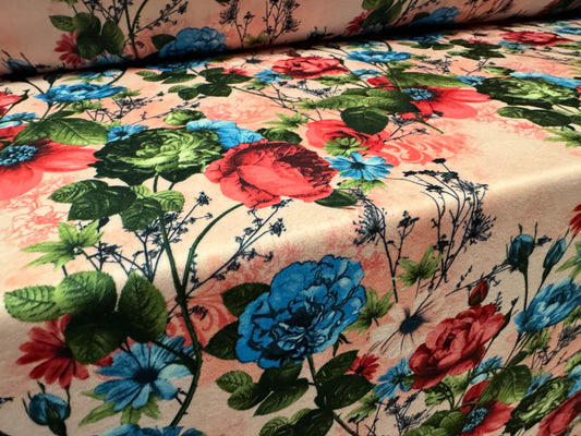Scuba stretch spandex double jersey fabric, per metre - wild rose print - pink & blue
