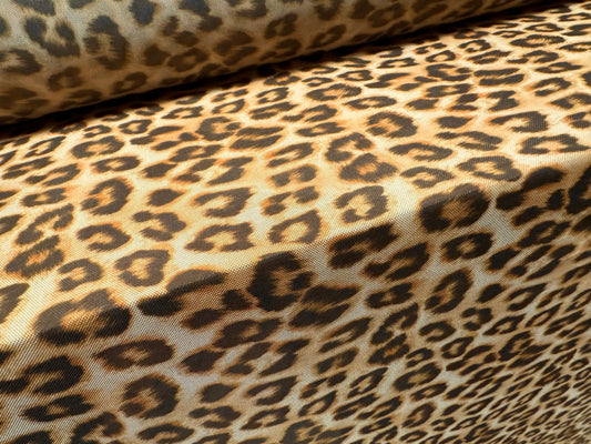 Power mesh net stretch spandex fabric, per metre - leopard animal print - stone & gold