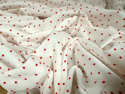Pebble crepe woven dress fabric, per metre - spot print - ivory & red