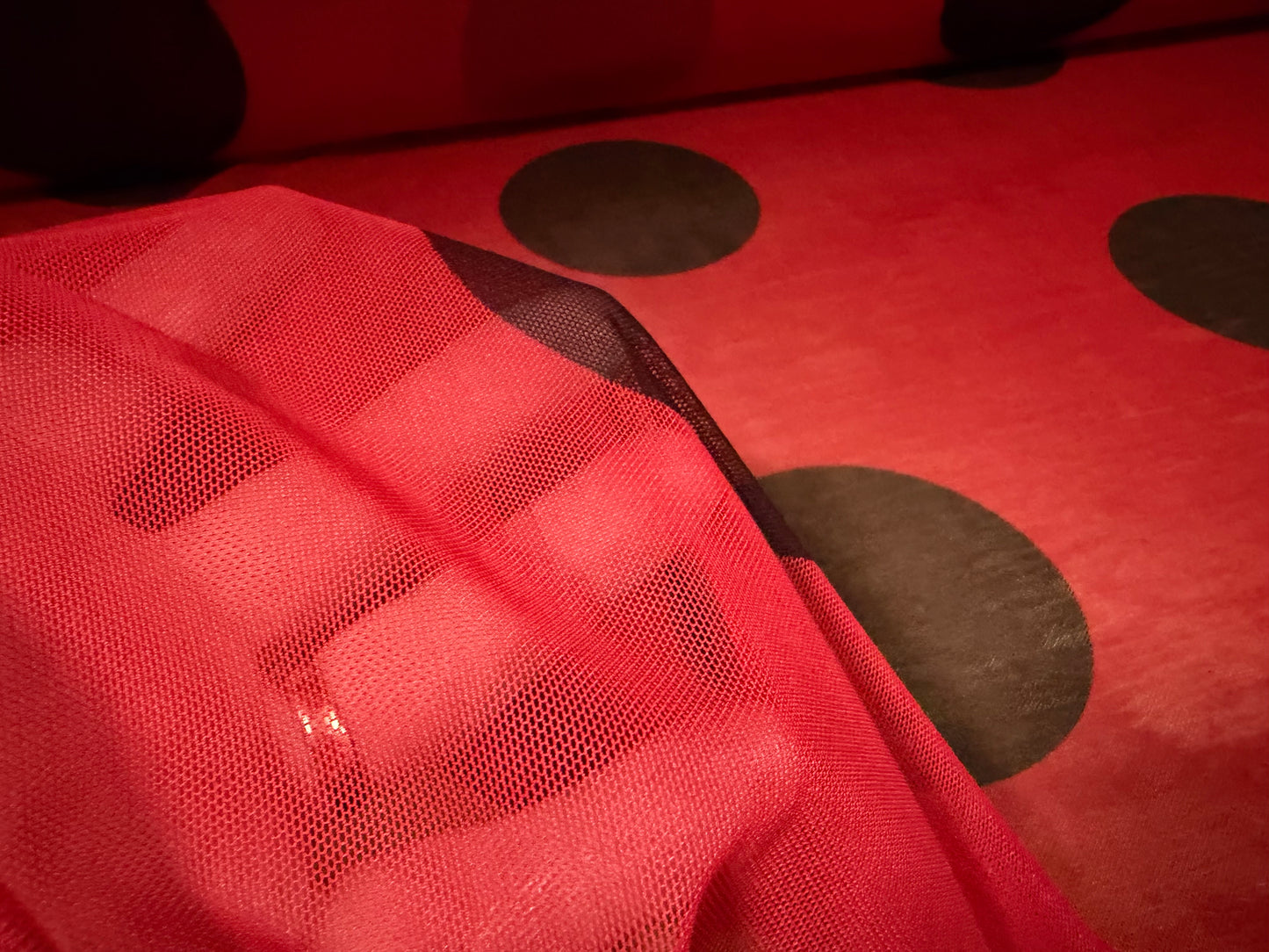 Power mesh net stretch spandex fabric, per metre - jumbo ladybird polka dot print - red & black