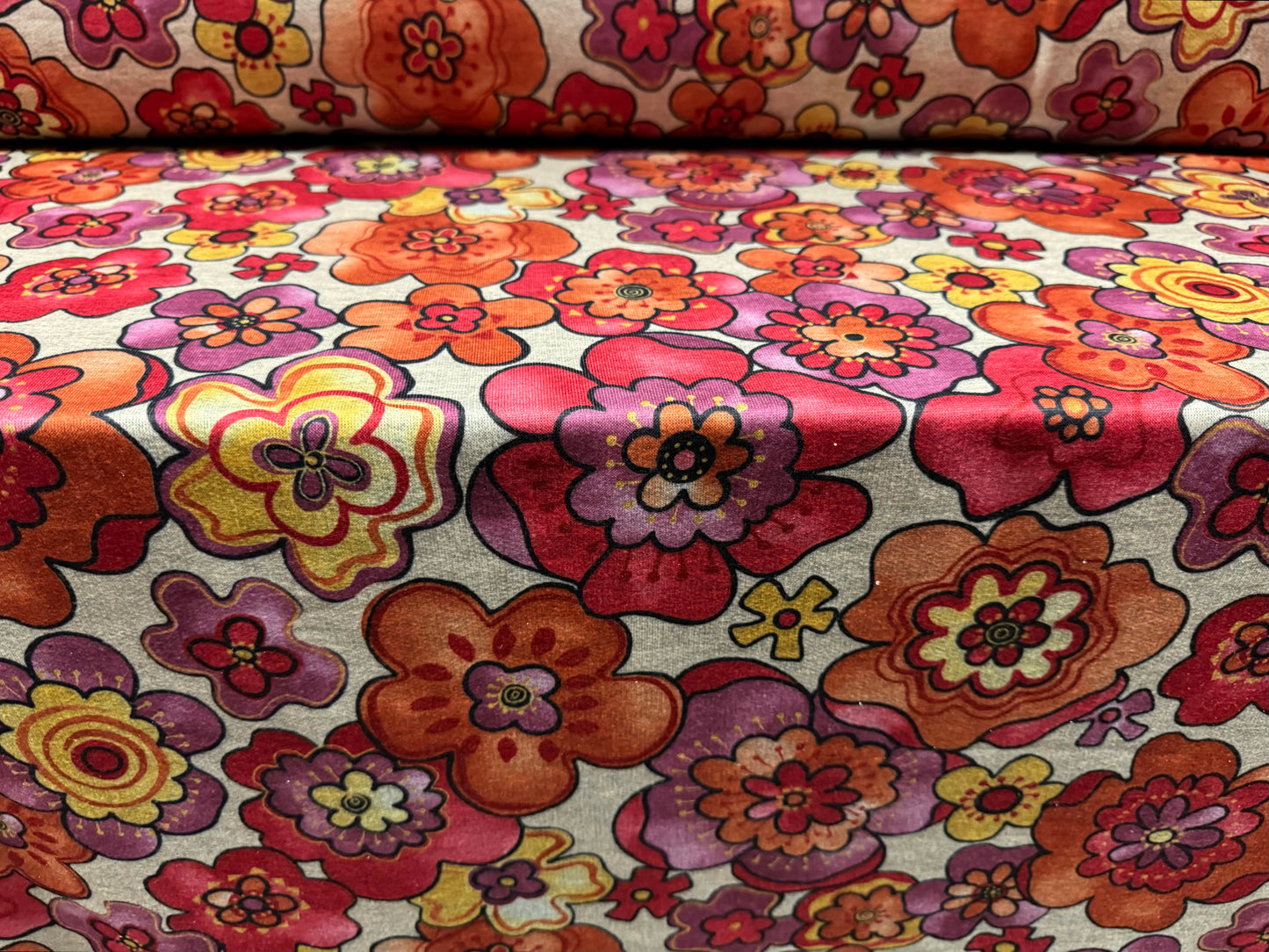 French Terry loopback sweatshirt jersey fabric, per metre - retro flower print - pink & orange