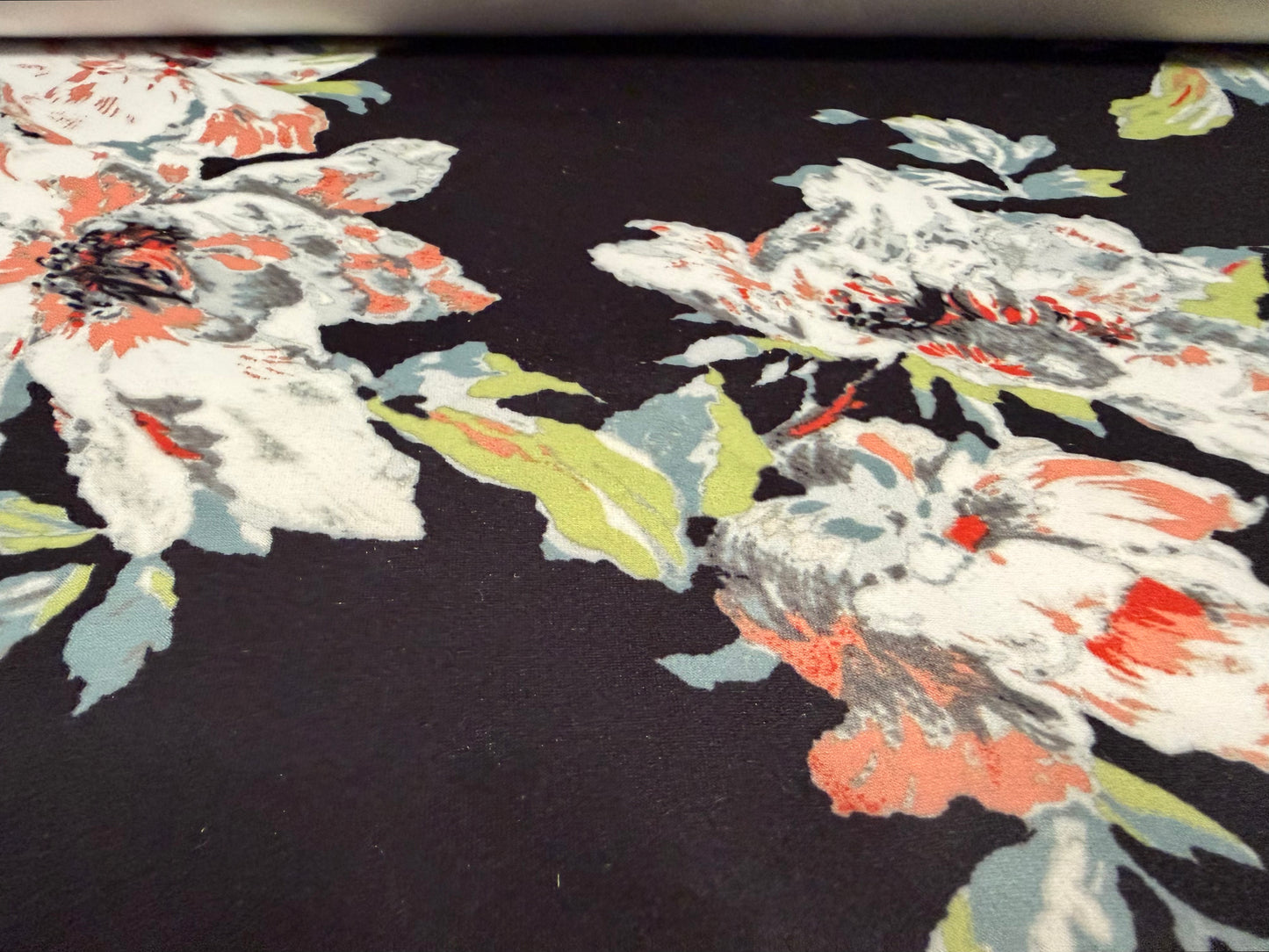 Scuba stretch spandex double jersey fabric, per metre - lily print - black white & peach