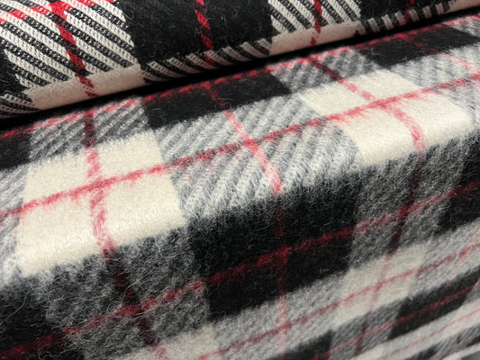 Luxury wool mouflon coat jacket fabric, per metre - check - black red & cream