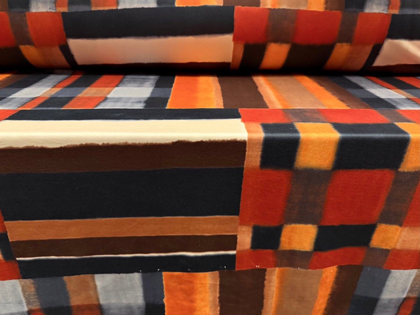 Scuba stretch spandex double jersey dress fabric, per metre - Mondrian geometric print - Earth Tones
