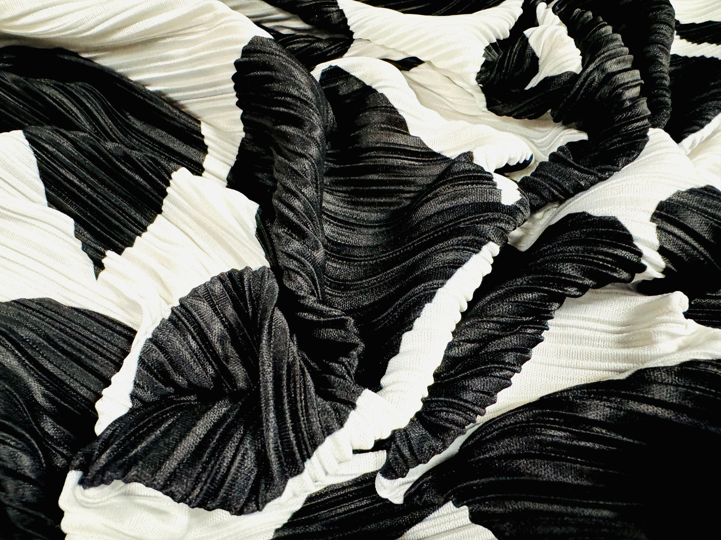 Plissé pleated satin dress fabric, per metre - boho shapes print - black & white