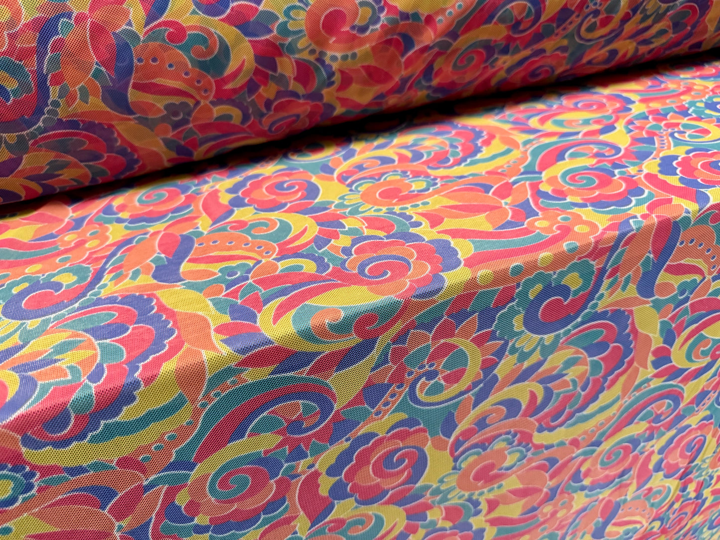 Power mesh net stretch spandex fabric, per metre - rainbow paisley print - multicolour