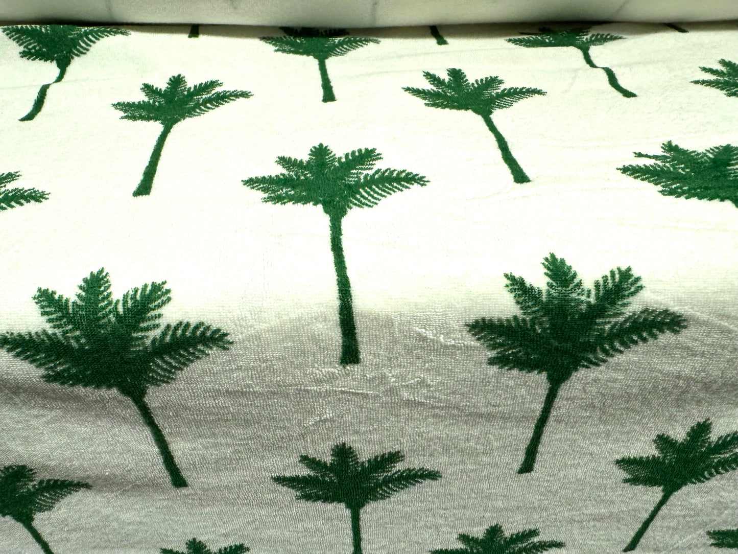 Cotton close cropped terry towelling fabric, per metre - palm trees print - white & green