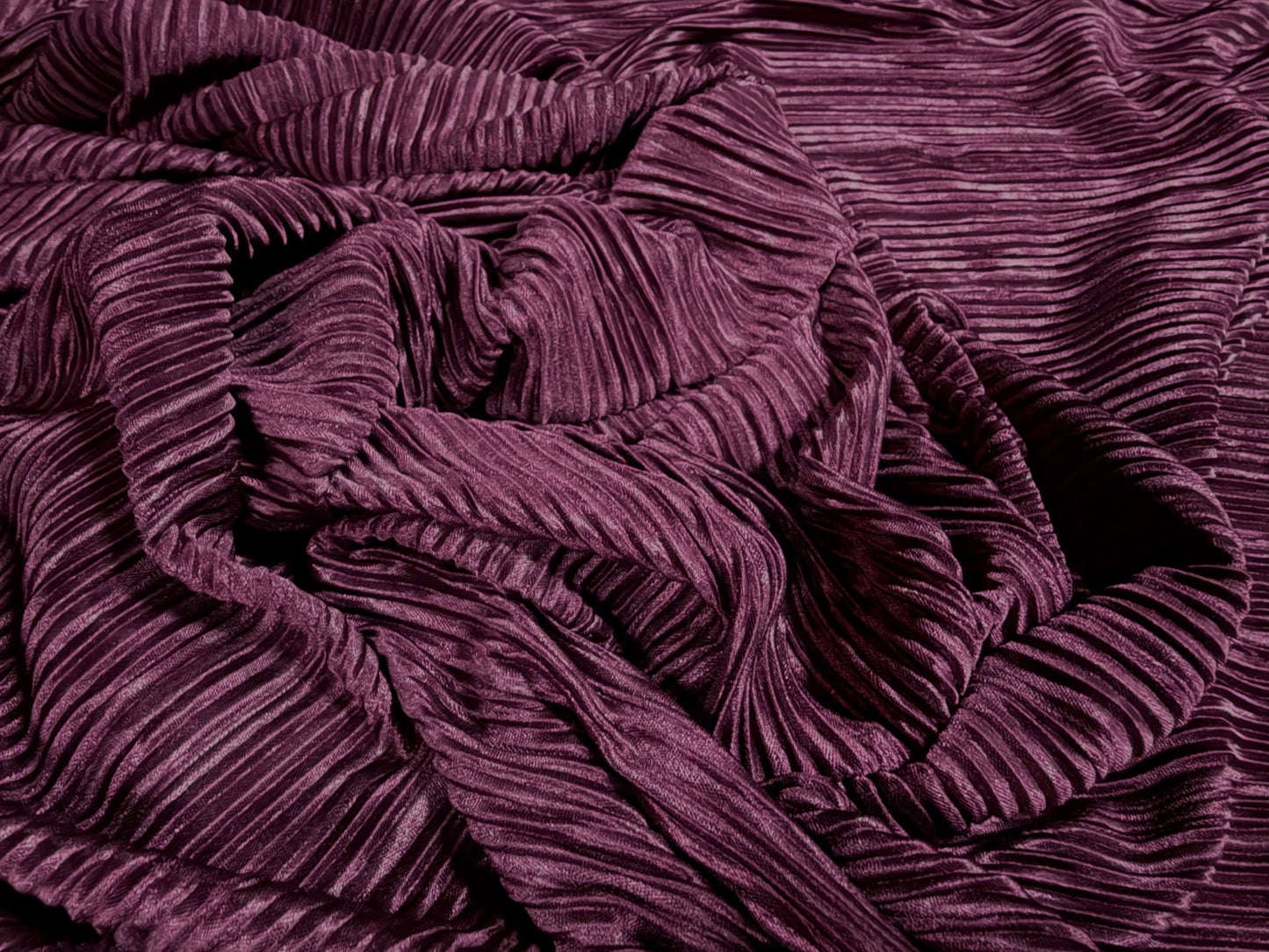 Fine Plissé pleated satin dress fabric, per metre - plain - damson