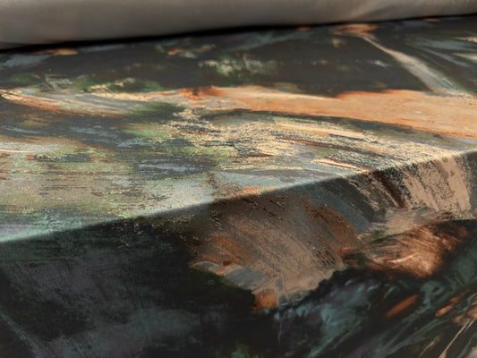ITY stretch spandex single jersey fabric, per metre - brushstrokes print - teal cream & petrol