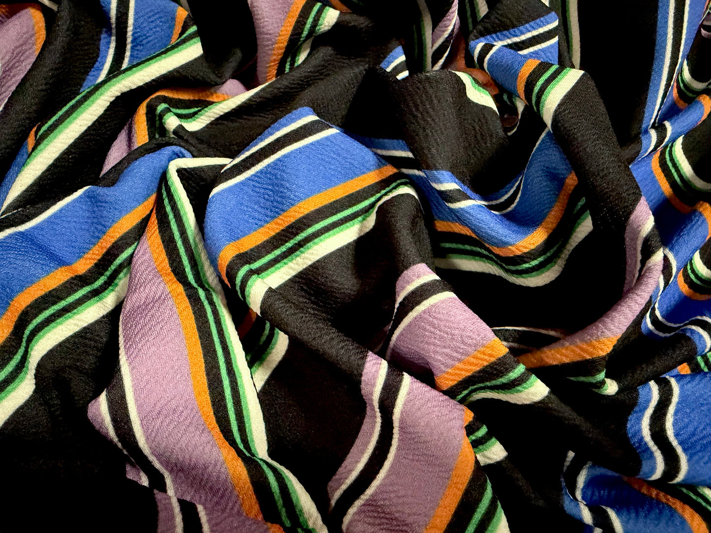Liverpool textured scuba stretch double jersey fabric, per metre - Baiadera stripe - black lilac & blue