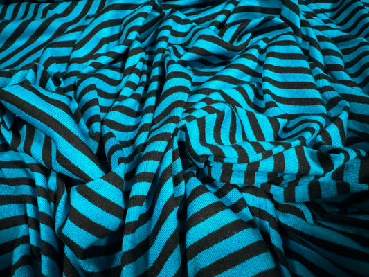 Viscose spandex stretch single jersey fabric, per metre - stripe - bright turquoise & black