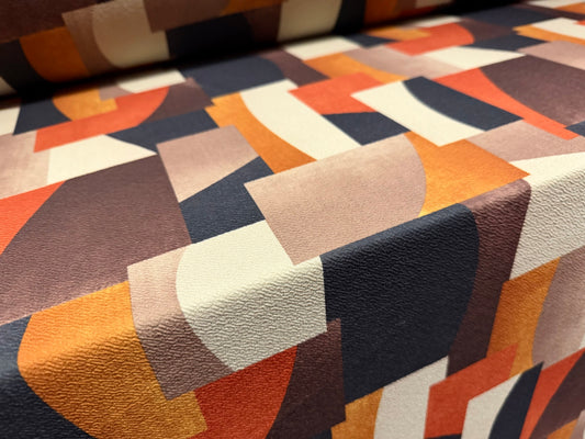 ‘Liverpool’ textured scuba stretch spandex jersey fabric, per metre - colour block shapes print - terracotta brown & sage