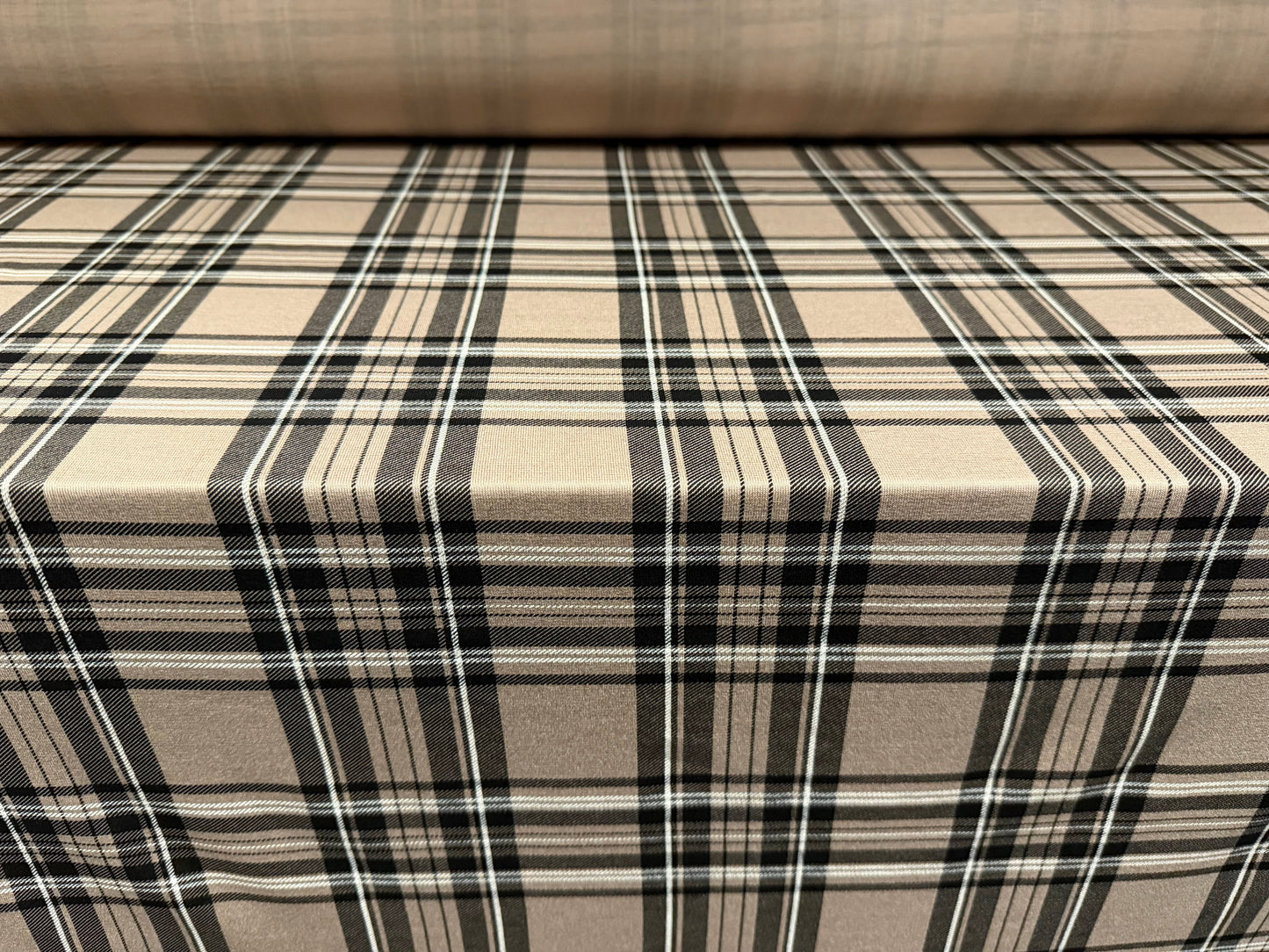 Viscose spandex stretch jersey fabric, per metre - tartan check print - stone