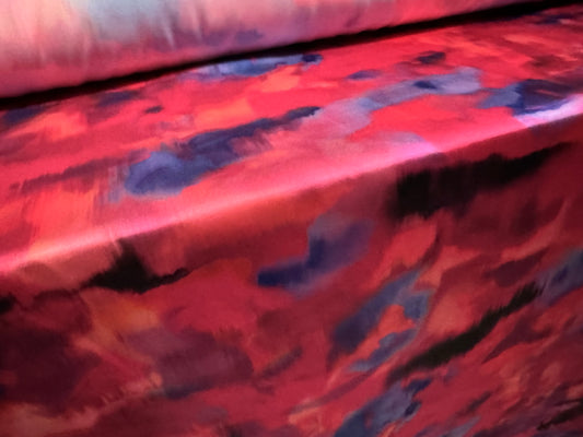 Dulled Satin woven dress fabric, per metre - abstract print - cerise pink, lilac & blue