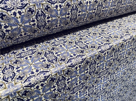 Double jersey knit stretch spandex dress fabric, per metre - paisley mosaic print - blue