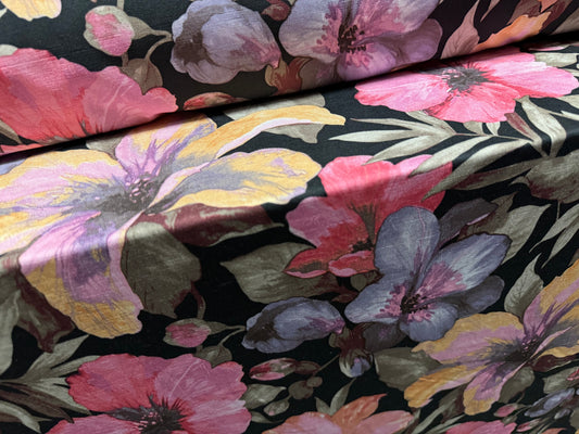 Finely textured stretch spandex single jersey fabric, per metre - orchid flower print - black & pink