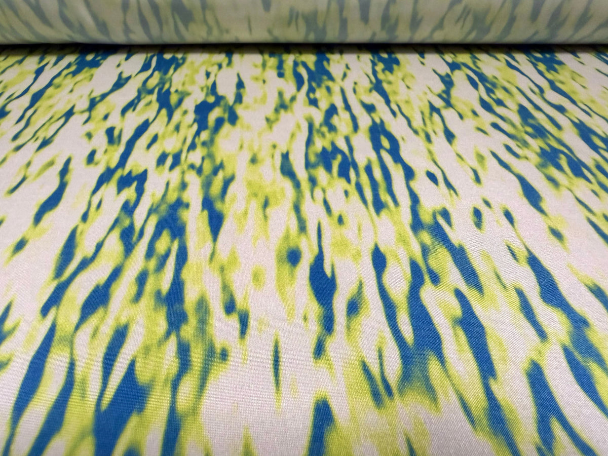 Soft touch stretch spandex jersey fabric, per metre - smudge print - yellow & teal