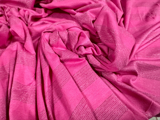 Metallic viscose spandex stretch single jersey fabric, per metre - stripe - cerise pink & silver lurex