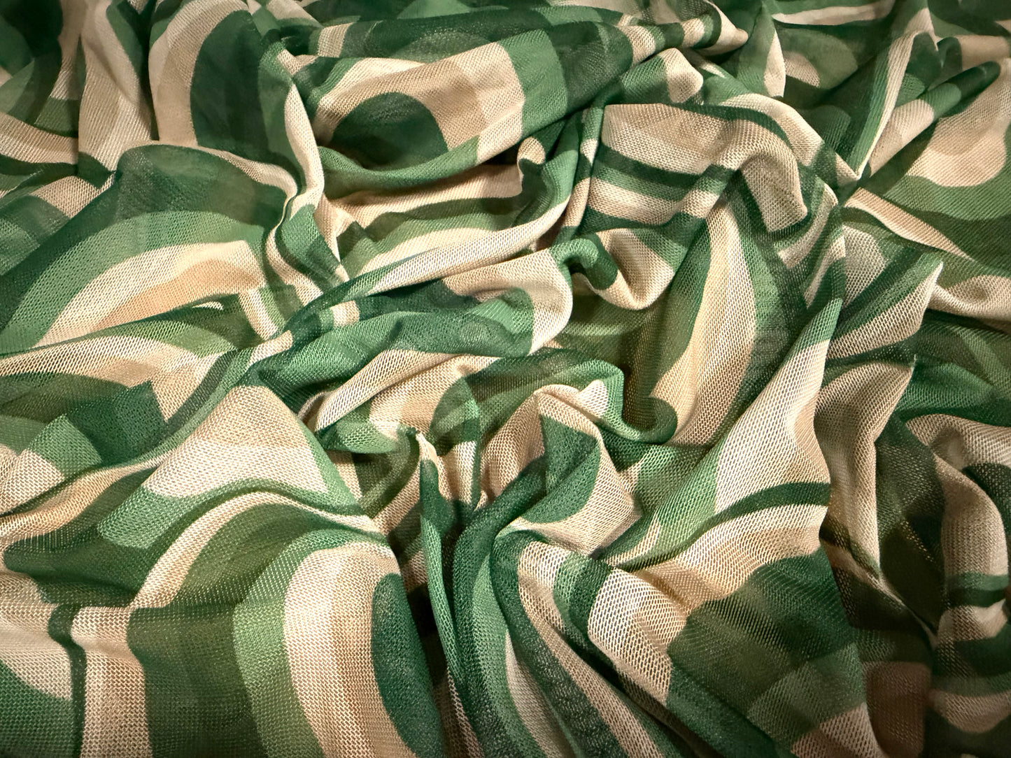 Power mesh net stretch spandex fabric, per metre - retro swirl print - green & beige