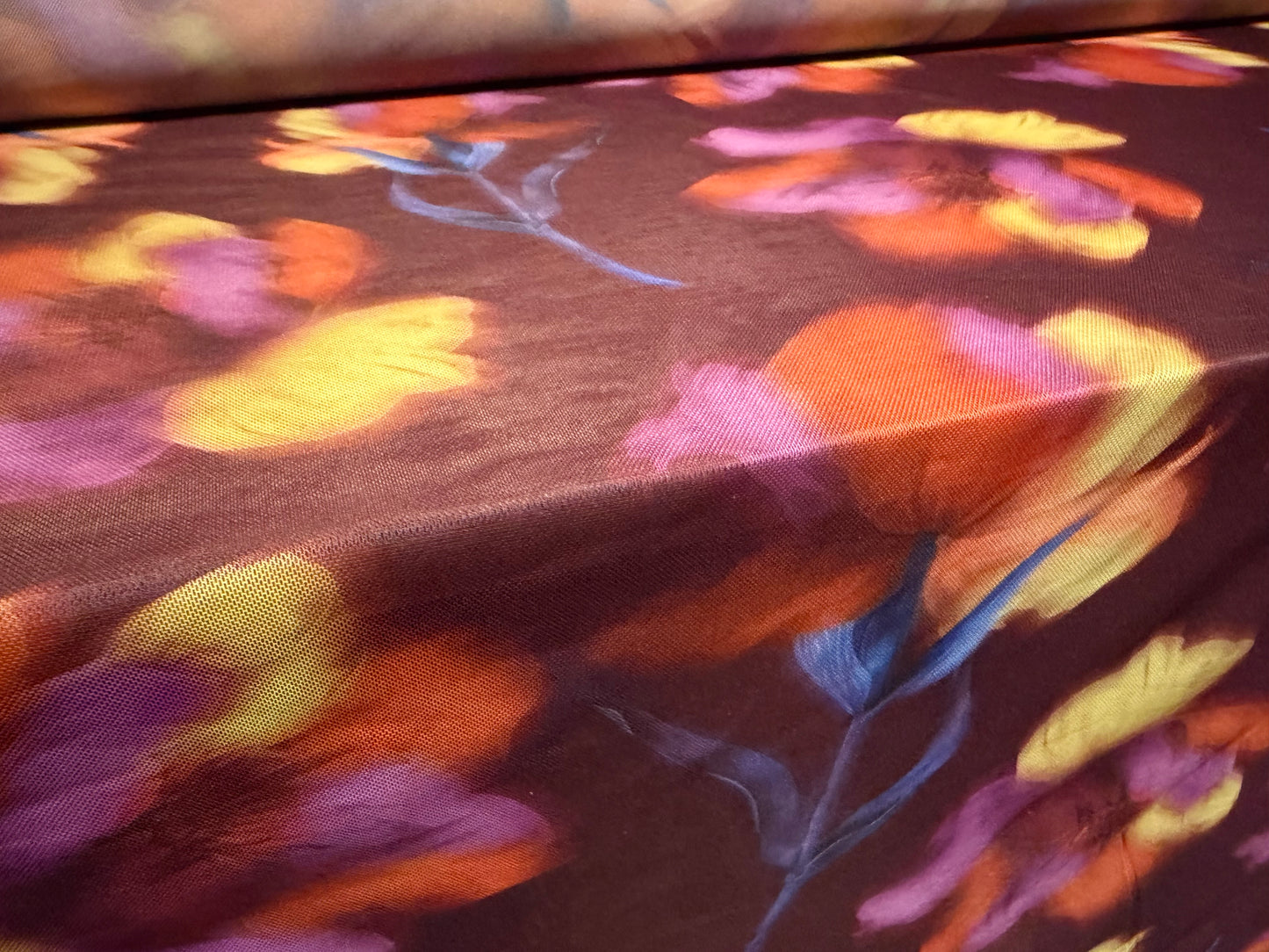 Power mesh net stretch spandex fabric, per metre - floral smudge print - plum