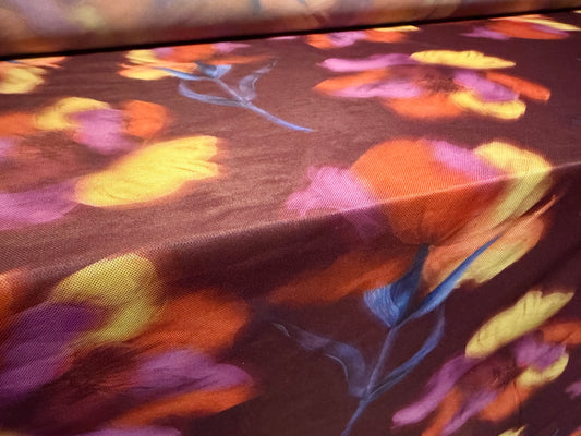 Power mesh net stretch spandex fabric, per metre - floral smudge print - plum