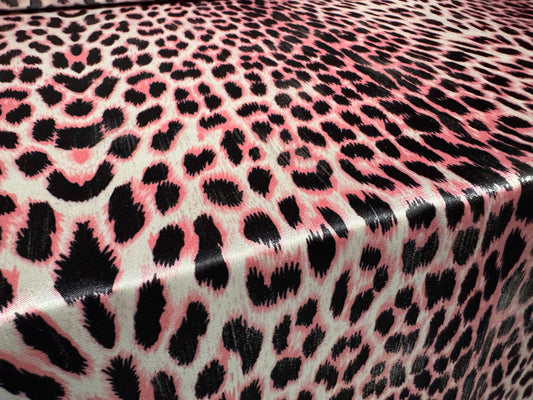 Metallic stretch satin dress fabric, per metre - Leopard print - pink