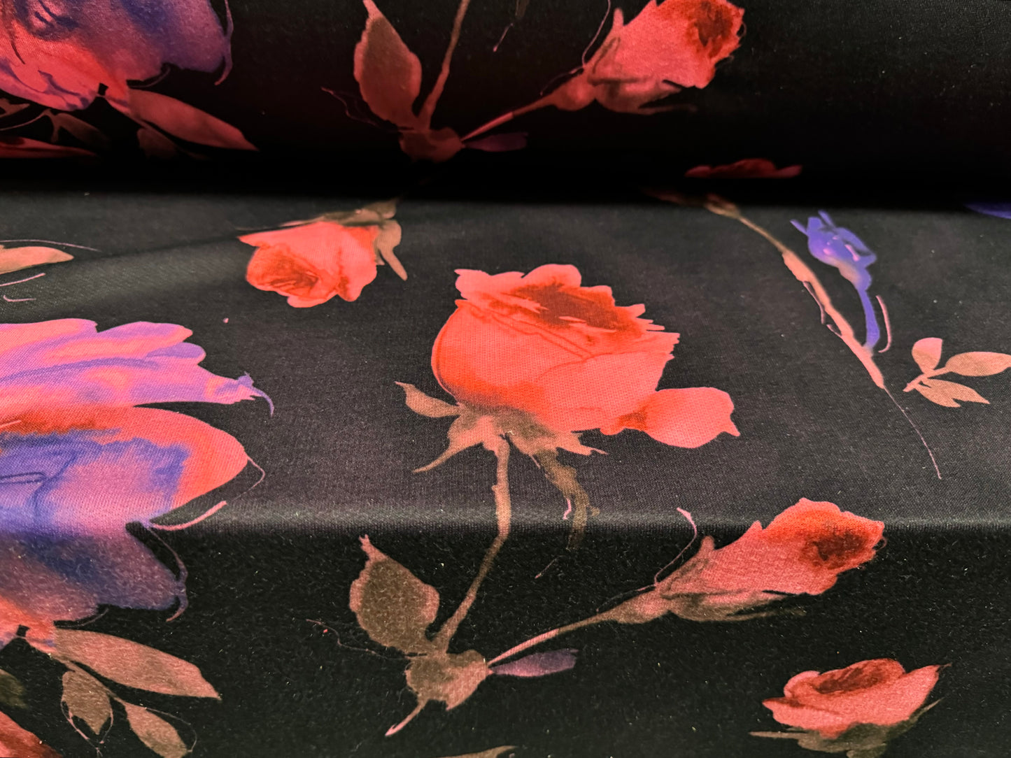 French Terry loopback sweatshirt jersey fabric, per metre - floral roses print - black & bright pink