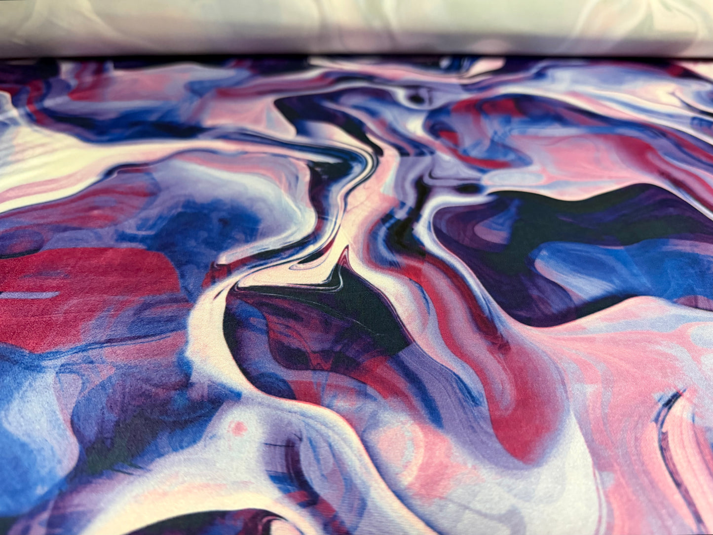 Soft touch stretch spandex single jersey fabric, per metre - abstract print - navy burgundy & pink