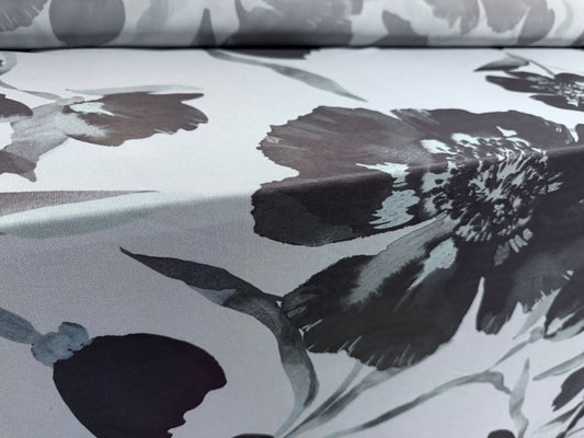 Power mesh net stretch spandex fabric, per metre - lily print - powder blue