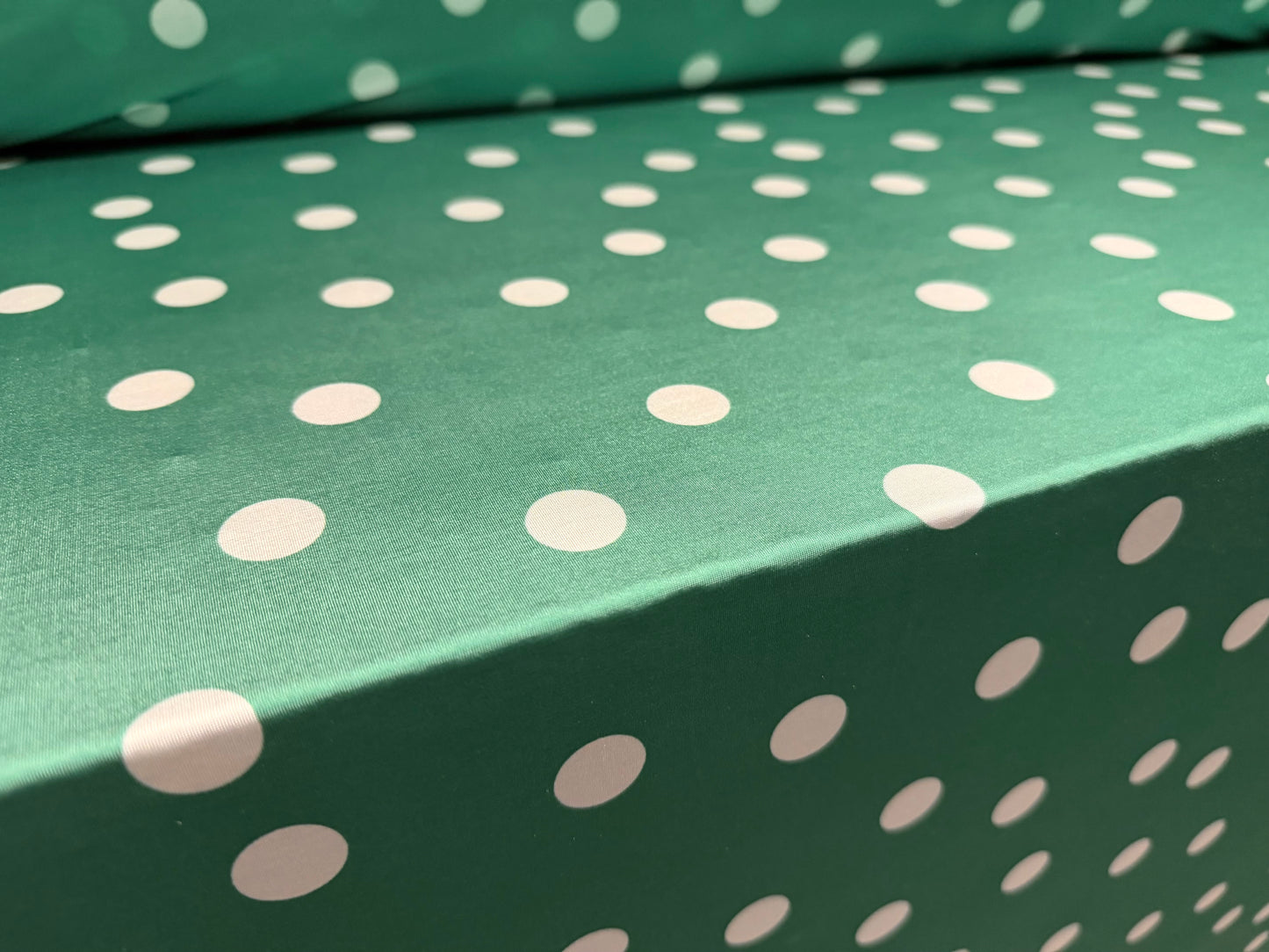 Stretch spandex single jersey fashion fabric, per metre - polka dot print - green & white