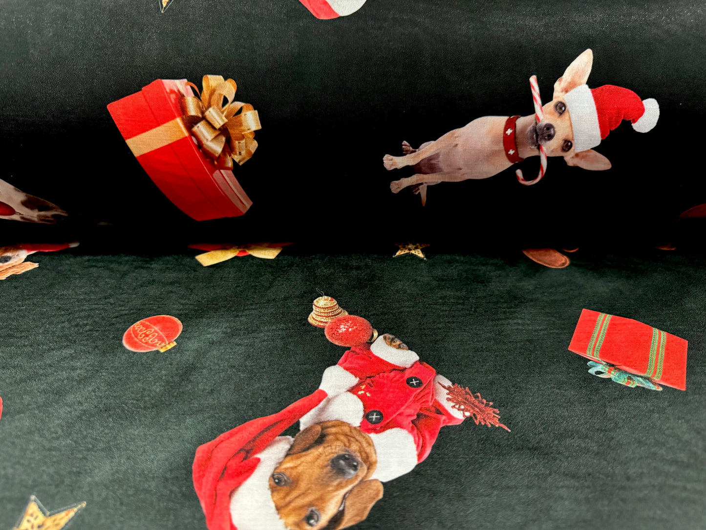 Soft touch stretch spandex single jersey fabric, per metre - Christmas Dogs print - black & red