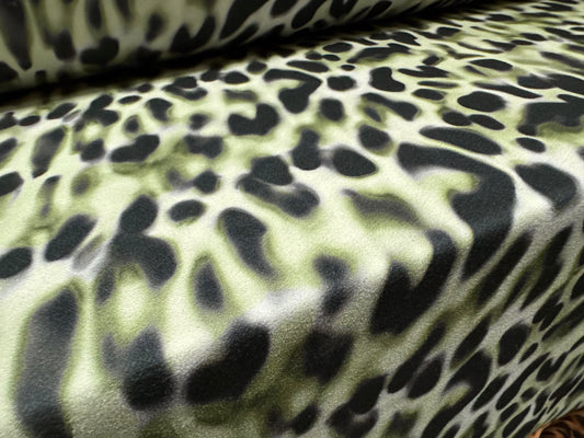 Super stretch crepe spandex double jersey fabric, per metre - smudged leopard print - sage green