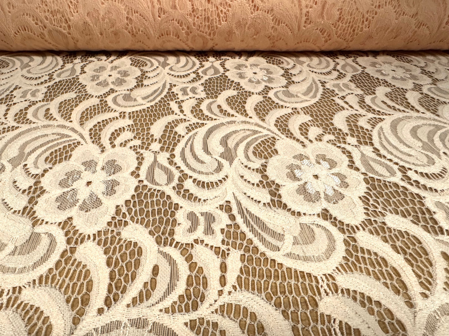 Soft stretch lace dress fabric, per metre - scalloped selvedge - flower design - peach