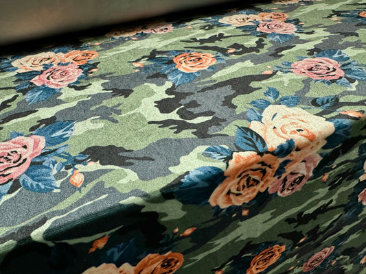 Spandex velvet stretch dress fabric, per mere - roses on camouflage print - green blue & pink