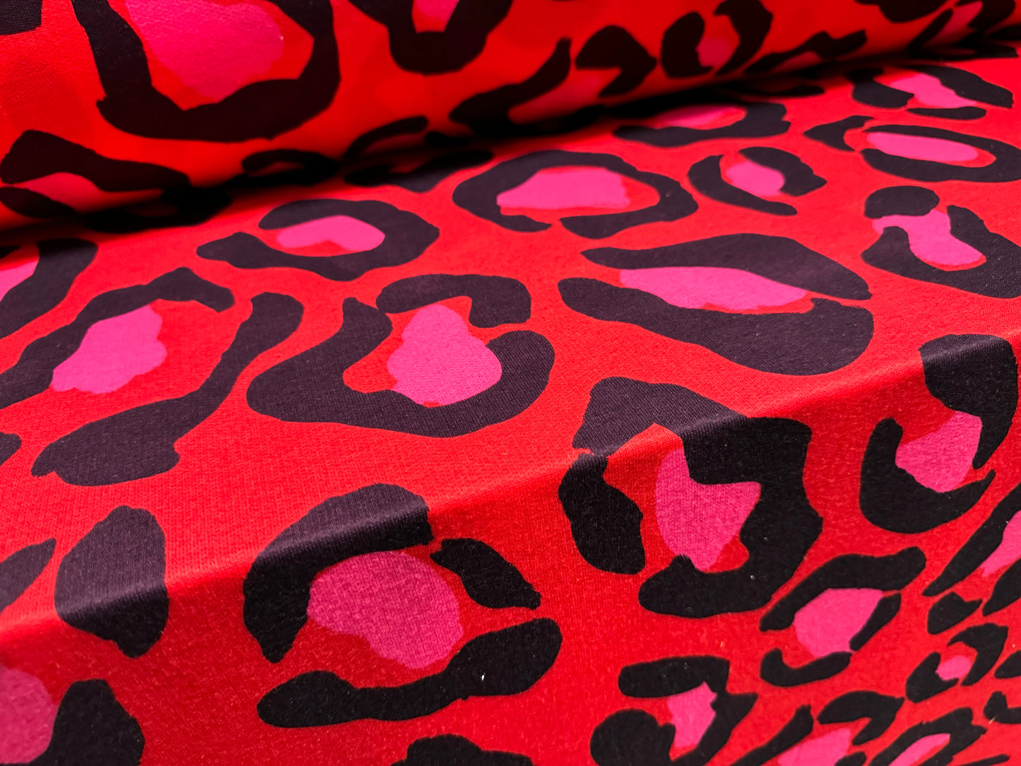 French Terry loopback sweatshirt jersey fabric, per metre - jumbo cheetah print - red & pink