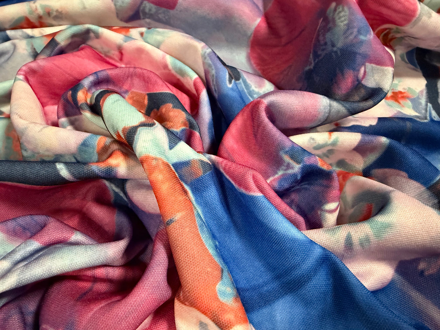 Toledo double jersey fabric, per metre - blossom print - fuchsia pink & blue