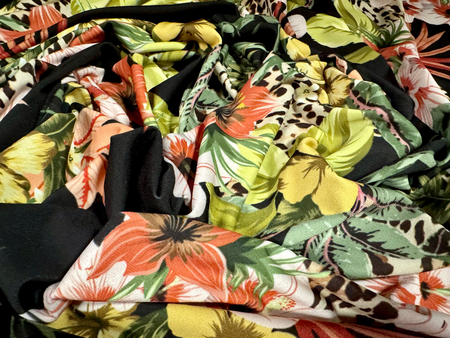 Stretch spandex jersey fabric, per metre - tropical flowers & leopardskin print