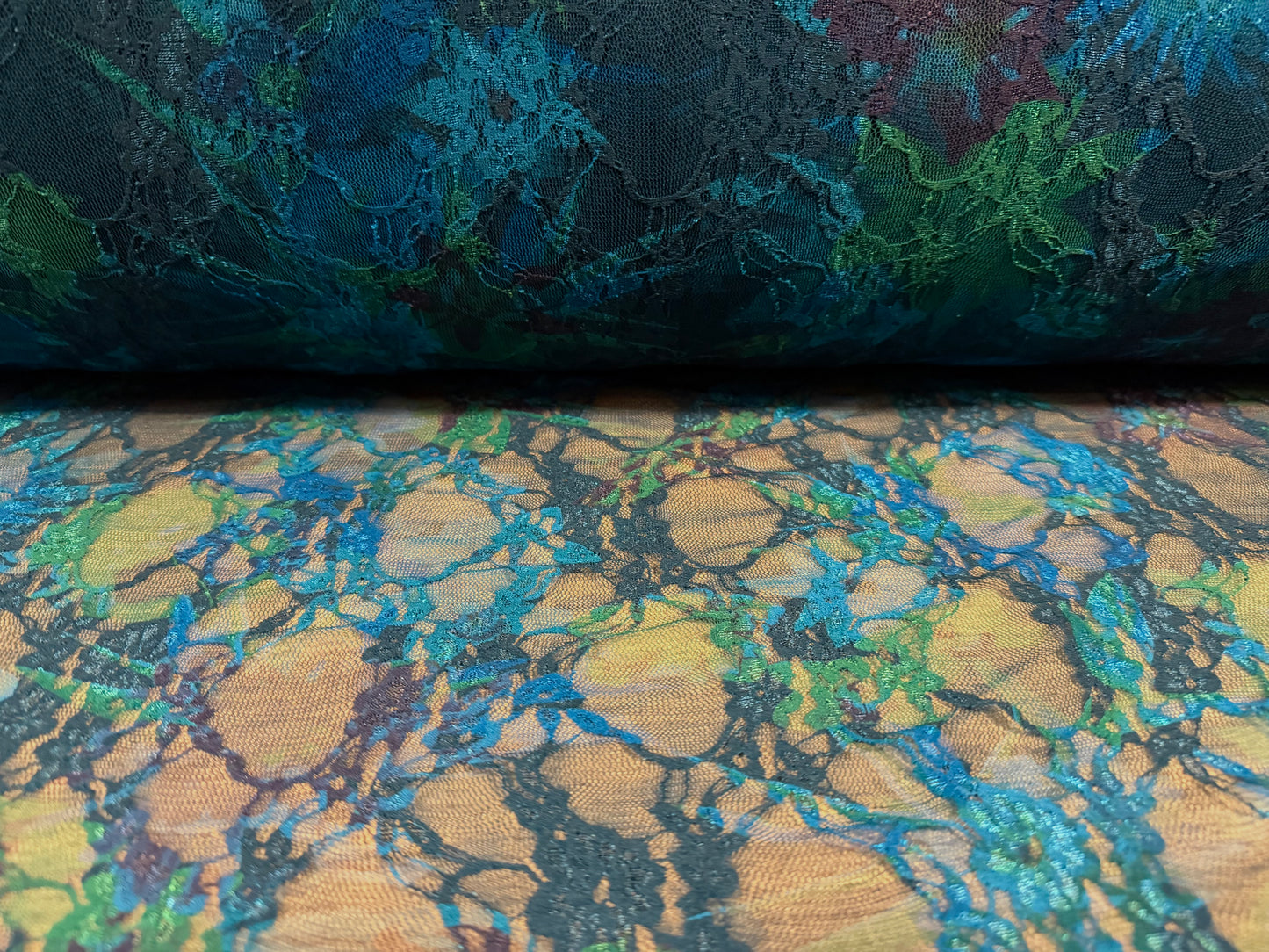 Stretch spandex mesh lace fabric, per metre - floral print - blue green & purple