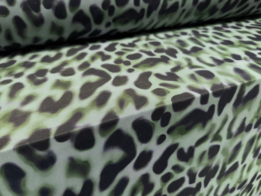 Power mesh net stretch spandex fabric, per metre - smudged leopard print - duck egg