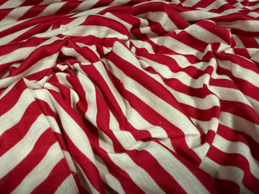 Viscose single jersey fashion fabric, per metre - stripe - cherry red & white