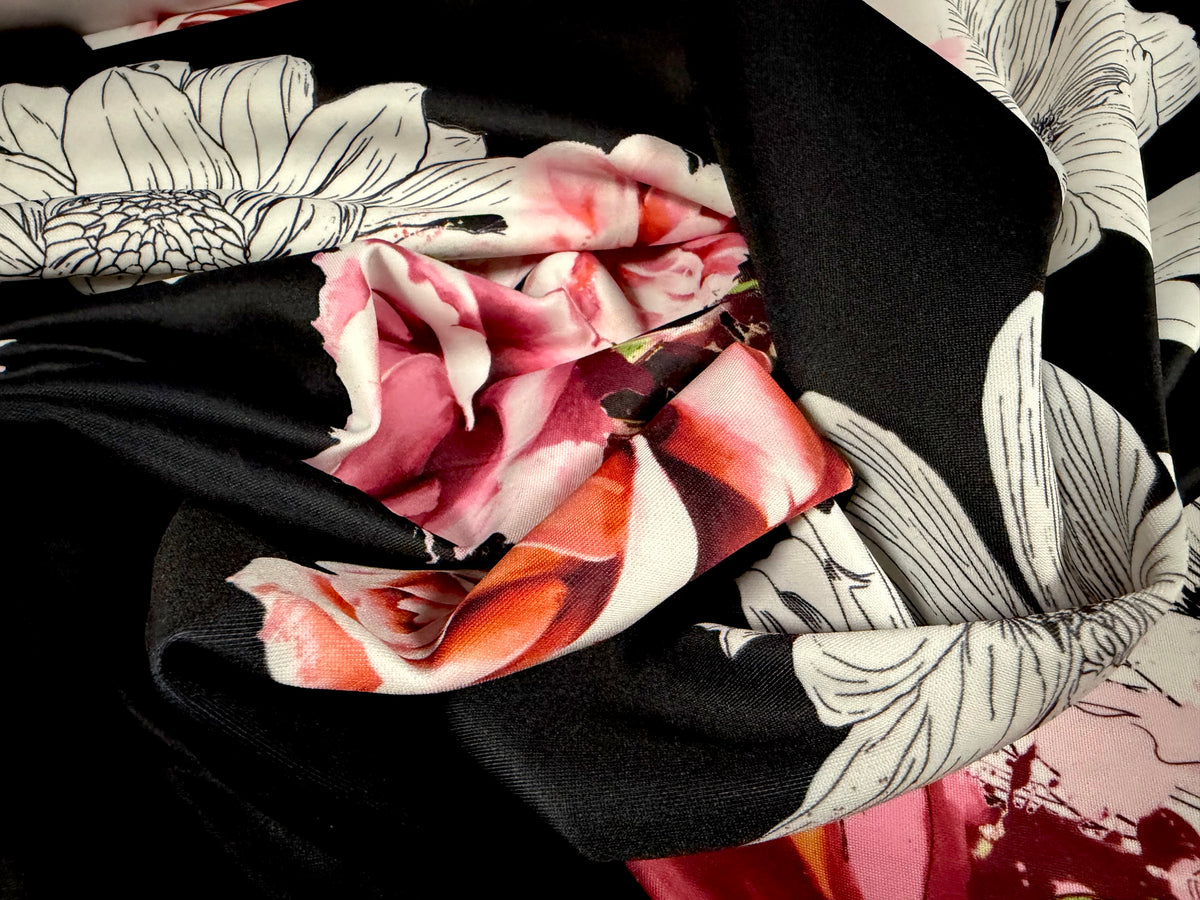 Scuba stretch spandex double jersey fabric, per metre - rose art print - black & pink